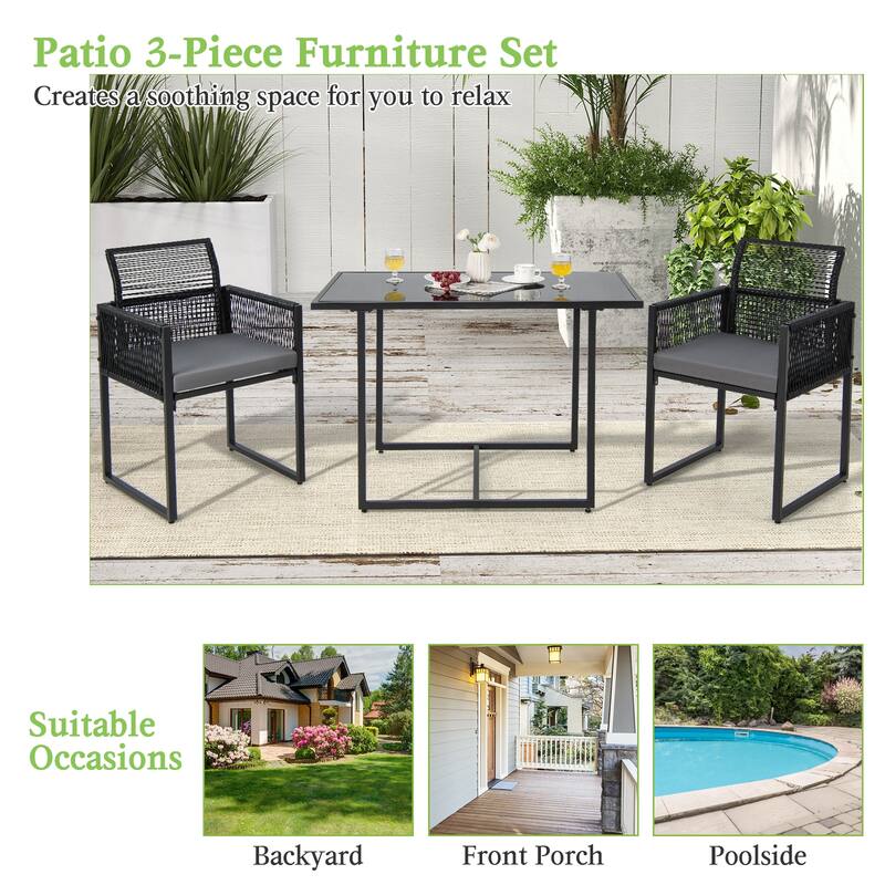 3 Pieces Outdoor Dining Set with Folding Backrest and Seat Cushions-Black - 20.5" x 20.5" x 33.5"