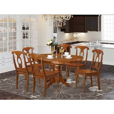 7-Piece Oval Saddle Brown Finish Solid Wood Top Dining Table with 6-Chairs with
