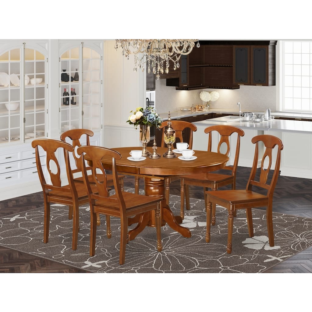 7-Piece Oval Saddle Brown Finish Solid Wood Top Dining Table with 6-Chairs with