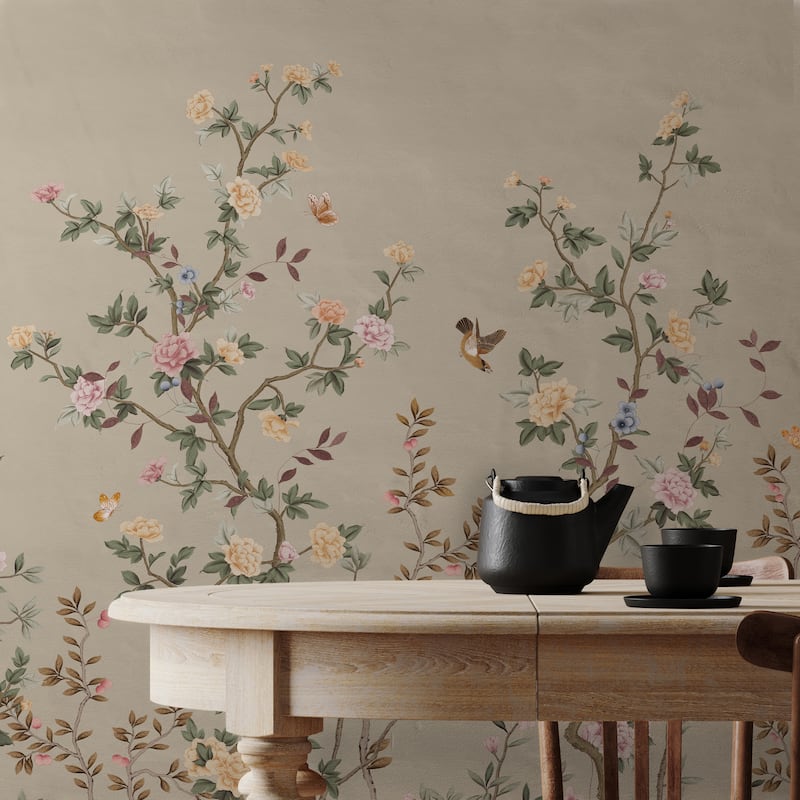 Whispering Blooms Hand-Painted Floral Landscape Wallpaper Mural - Pink - W:175" x H:118"