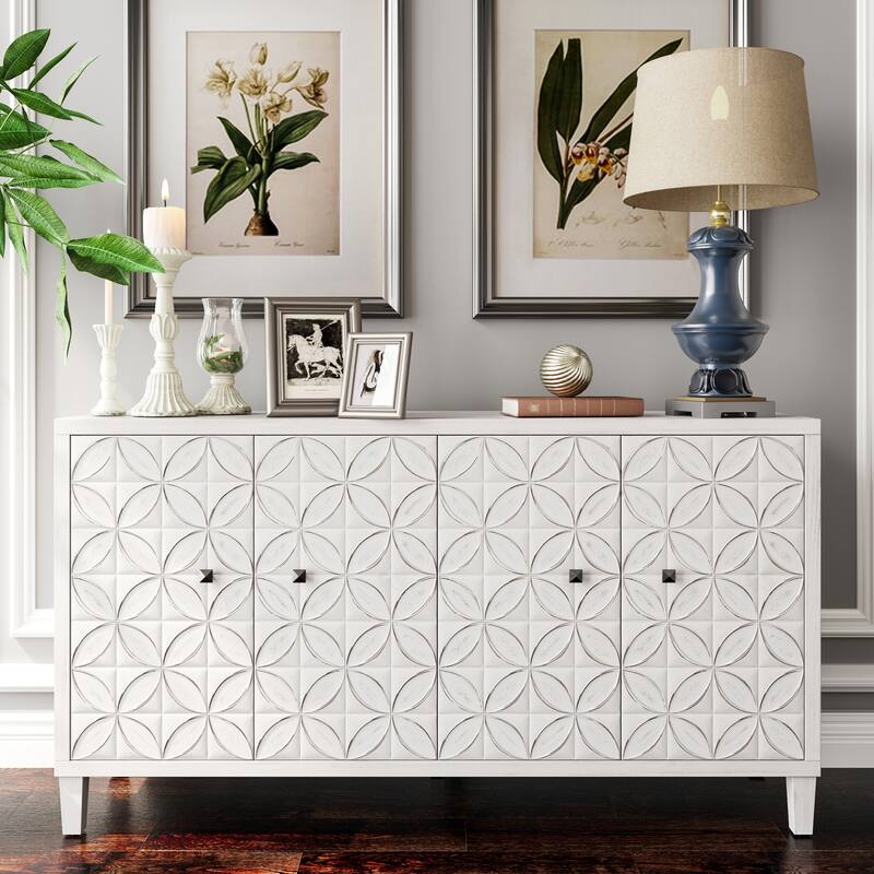 Sideboard Buffet Cabinet with 4 Doors, Storage Cabinet with Metal Handle, Wooden Accent Cabinet with Adjustable Shelves - White Washed