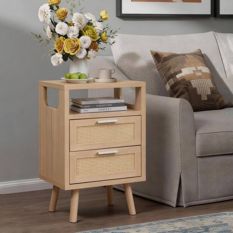 Set of 2 with 2 Drawers, 15.4" Modern Storage Bedside Table with Golden Metal Handles, Wooden End Table for Bedroom