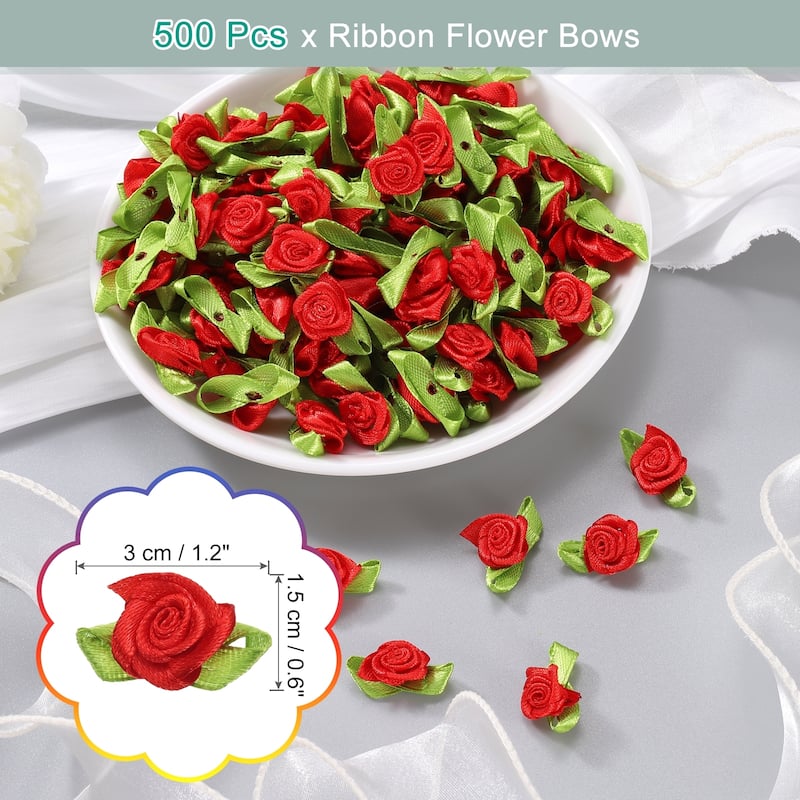 500 Pcs Mini Ribbon Roses Flowers Bows for Crafts, 15mm/0.6" Dia - Red