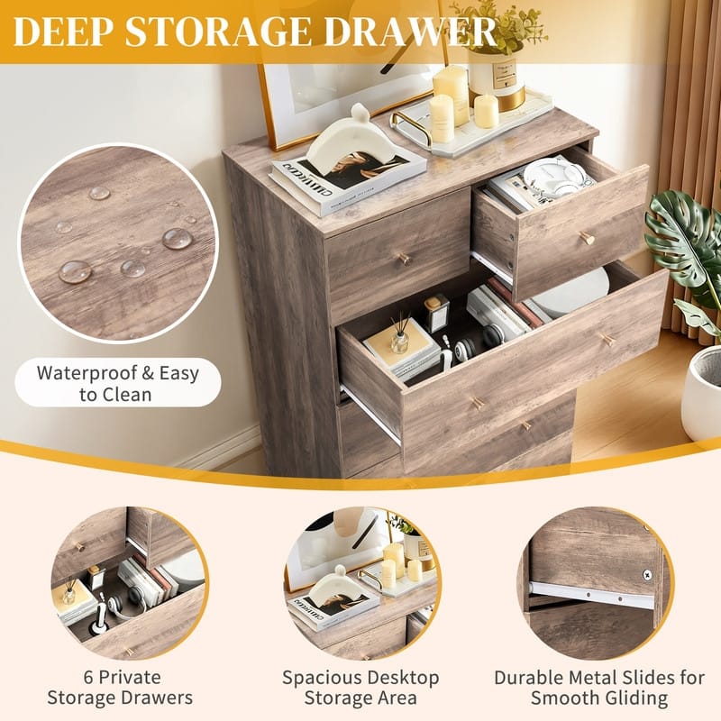 6-Drawer Large Dresser For Bedroom And Chest Of Drawers With Sturdy Construction Wood Storage Organizer For Closet