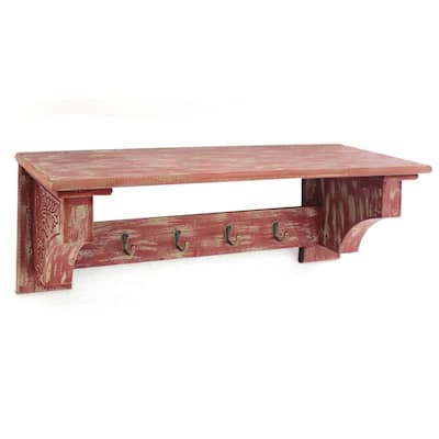 Wooden Wall Shelf with 4 Hooks and Carved Side Frames, Distressed Red