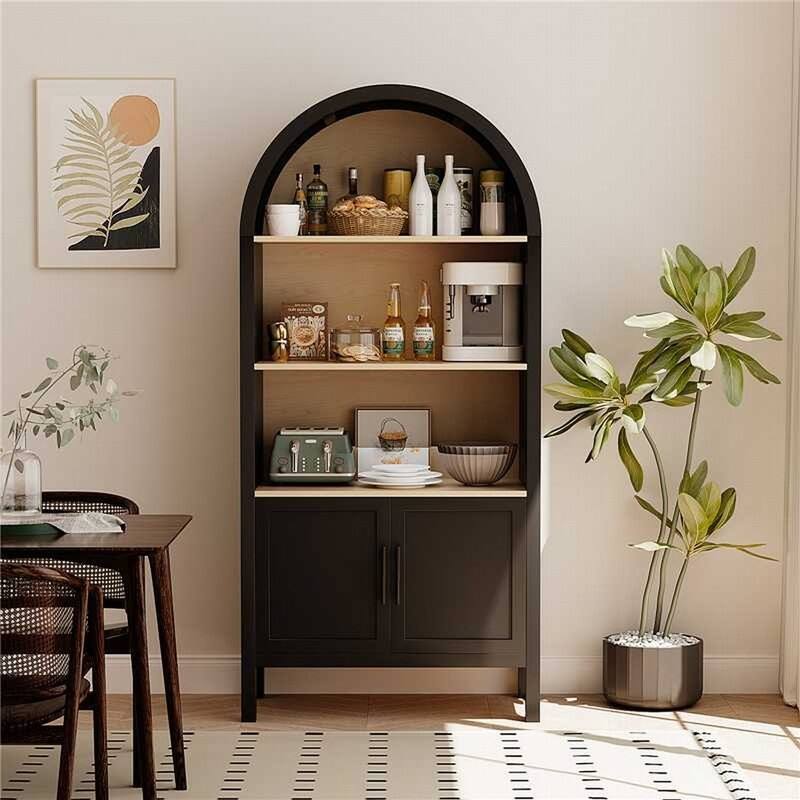 Mid-Century Modern 66.7" Arched Bookcase, 3-Tier Arched Bookshelf Cabinet