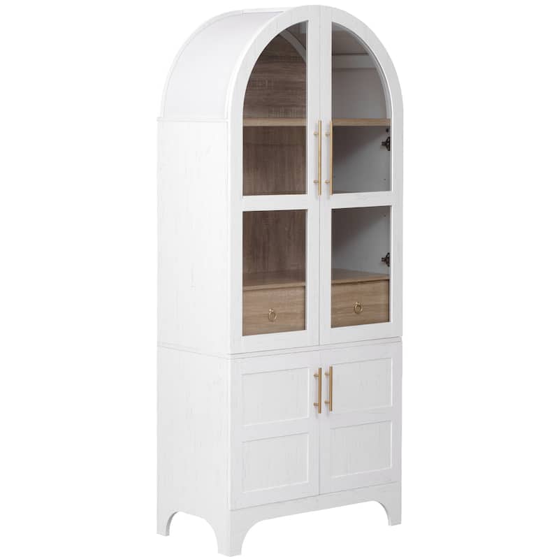 71"Tall Arched Kitchen Pantry Cabinet with Door Shelves, with Open & Adjustable Shelves, Hidden Drawer & Glass Door