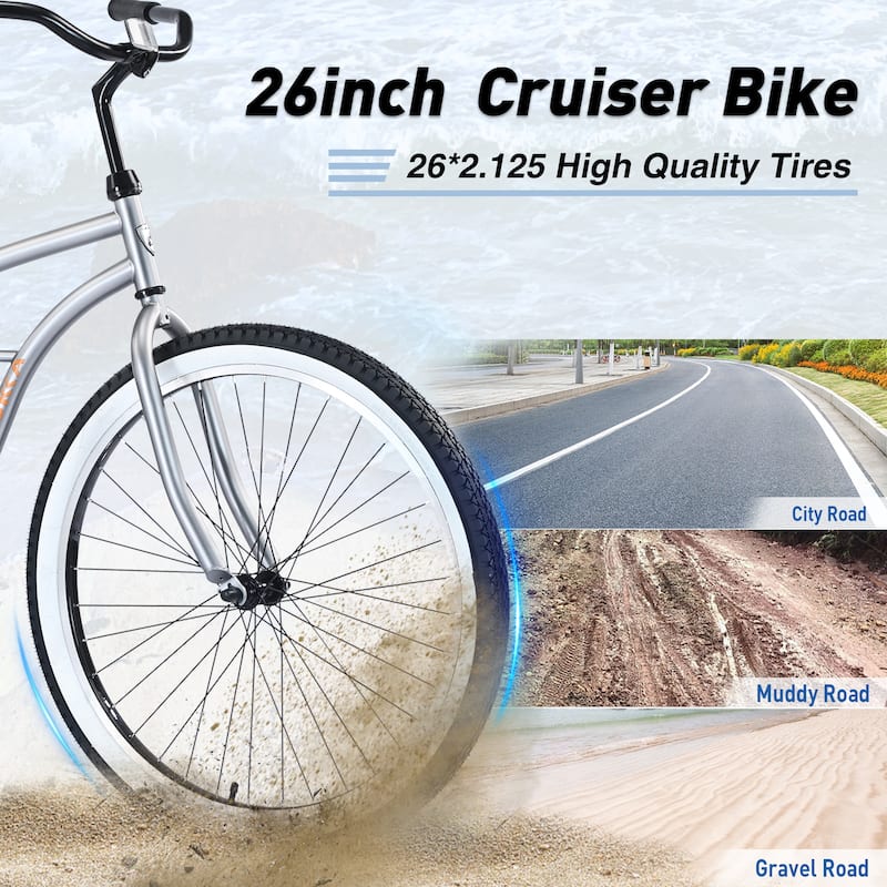 26 Inch Wide Wheels Bike, Comfort Single Speed Bicycleswith Rear Coaster Brakes, Steel Frame Beach Cruiser Bike for Teens, Kids