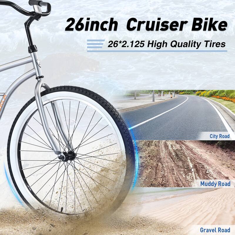 Single Speed 26"Inch,Steel Frame, Wide Wheels for Stability, Rear Coaster Brakes,Multiple Colors Men's Beach Cruiser Bike