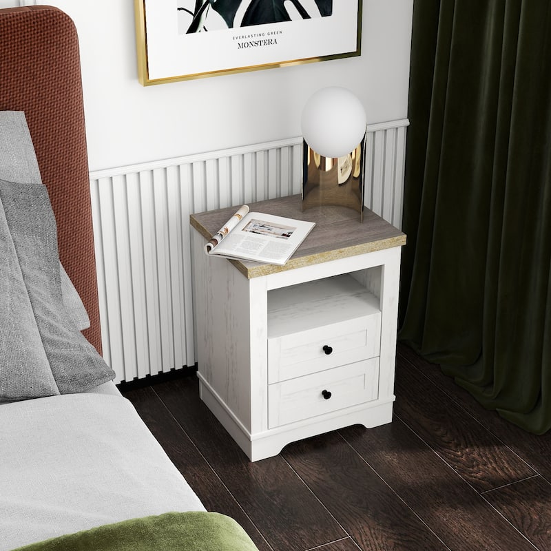 Farmhouse Nightstand , End Table, Side Table with 2 Drawers Storage Cabinet for Bedroom, Living Room, Country Style