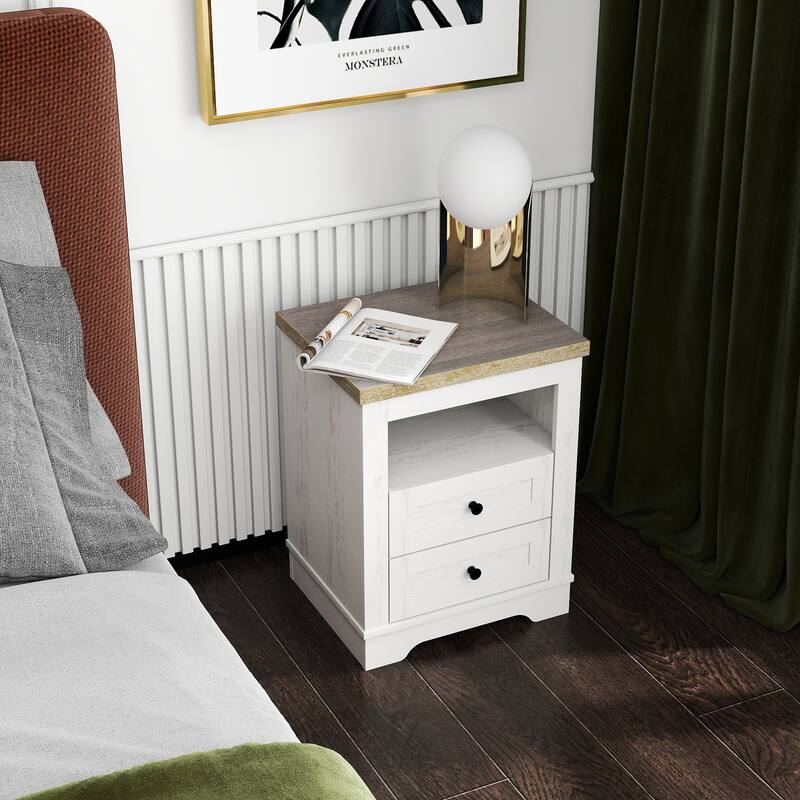Farmhouse Nightstand with 2 Drawers, Rustic Wood End Table for Bedroom & Living Room, Antique White