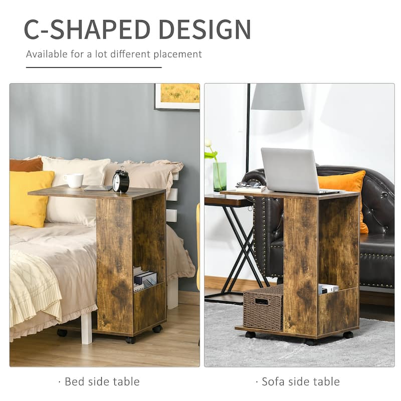 HOMCOM C-Shaped Sofa Side Table Mobile End Table with Storage and Wheels for Living Room, Bedroom, Office