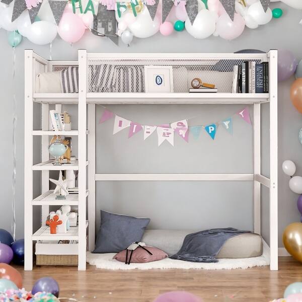 slide 2 of 30, Twin Size Metal Loft Bed with 4-Tier Shelves and Storage,Metal Loft Bed With Storage Space,White White