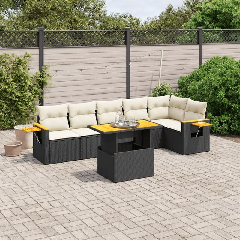 vidaXL Patio Sofa Set with Cushions Outdoor Furniture 7 Piece Poly Rattan - 21.7 x 39.4 x 28.7 in - Black and cream