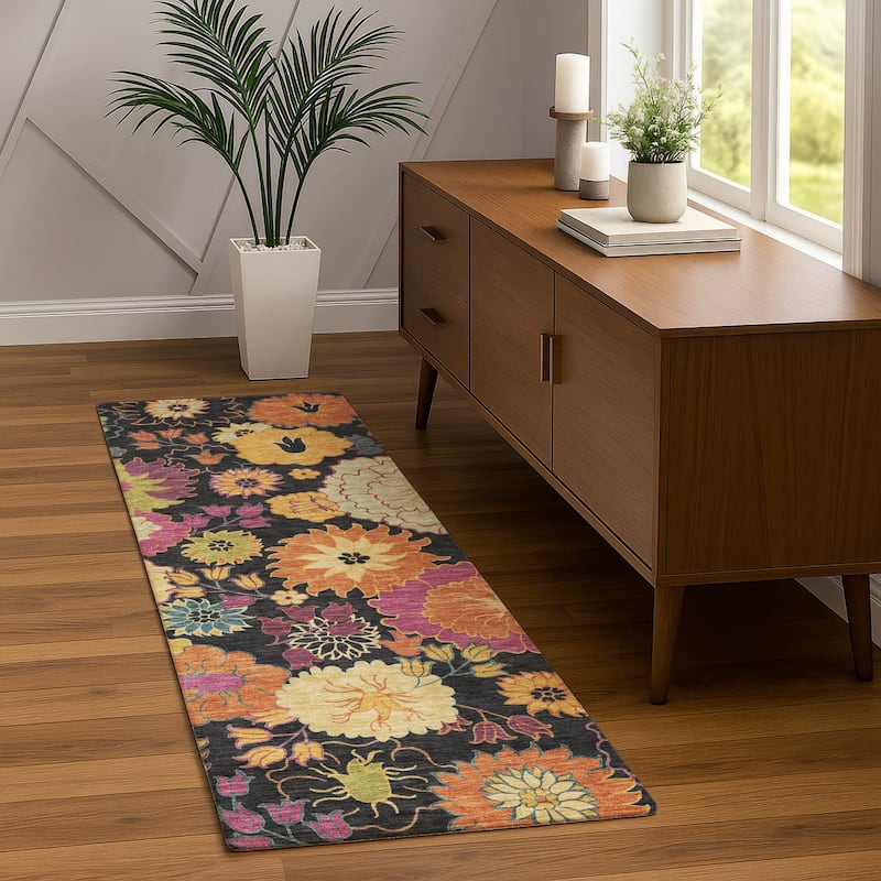 Machine Washable Indoor/ Outdoor Modern Floral Chantille Rug