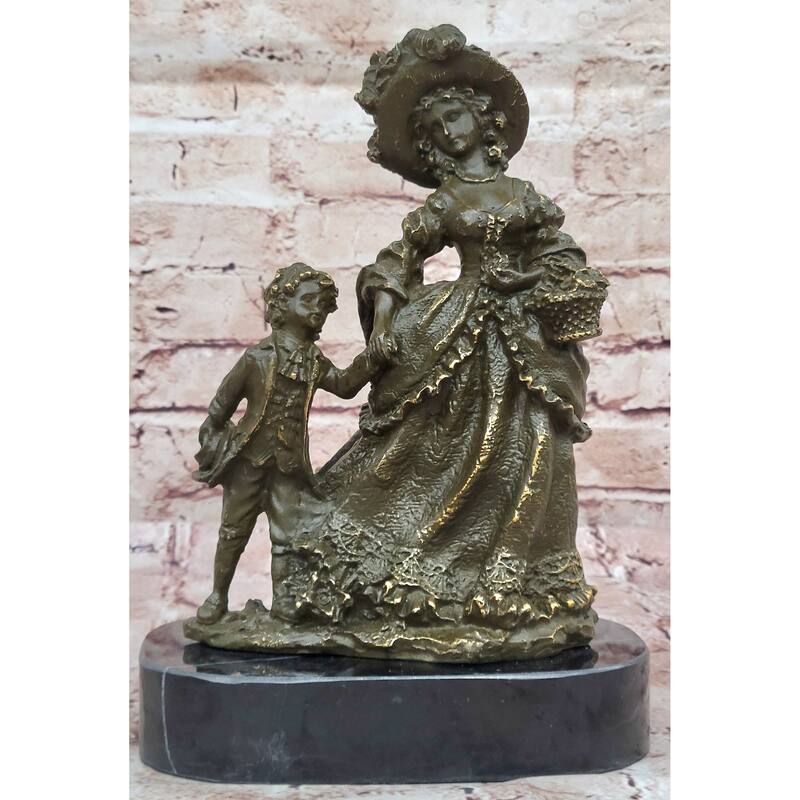 Bronze Victorian Lady And Boy Sculpture On Marble Base