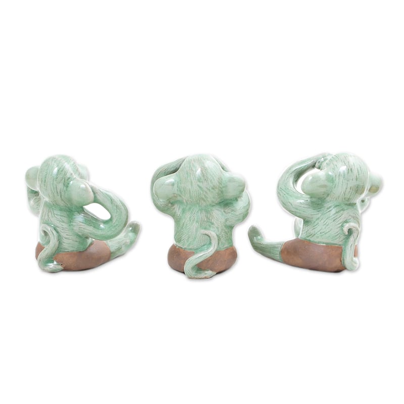 Novica Handmade Green Monkeys Celadon Ceramic Figurines (Set Of 3)