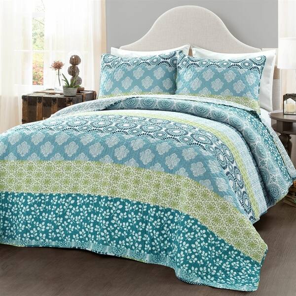 Reversible Floral Damask Cotton Quilt Set 3Piece Bedding Ensemble