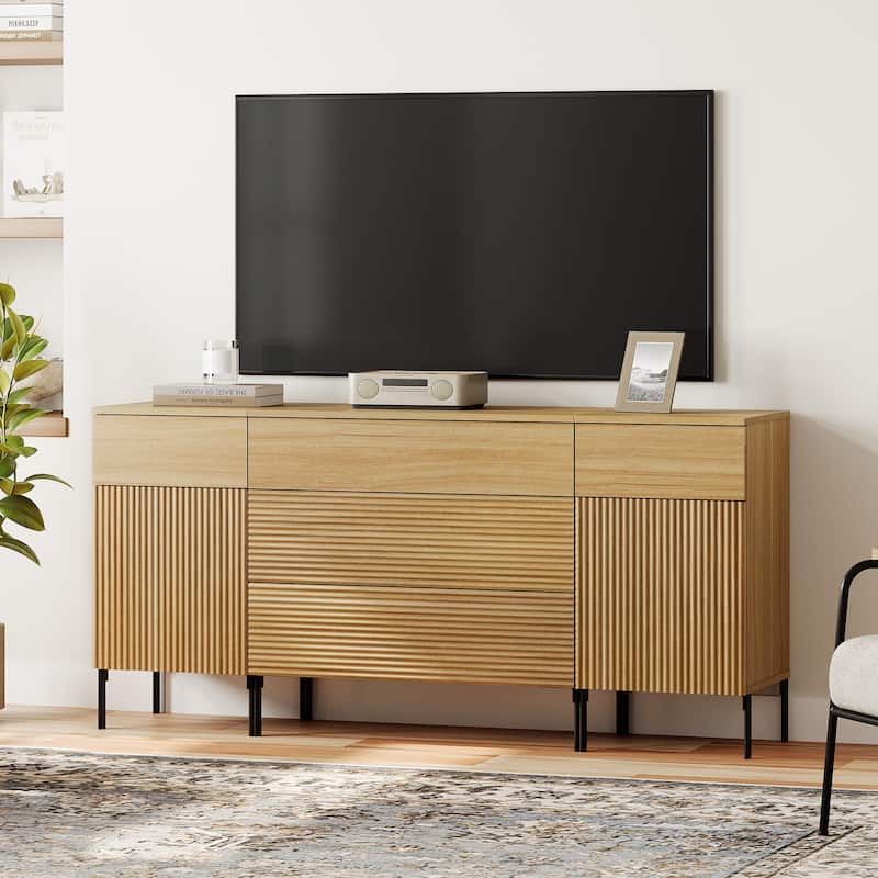 63" Modern Reeded Dresser TV Stand With Drawers, Entertainment Center With Charging Station