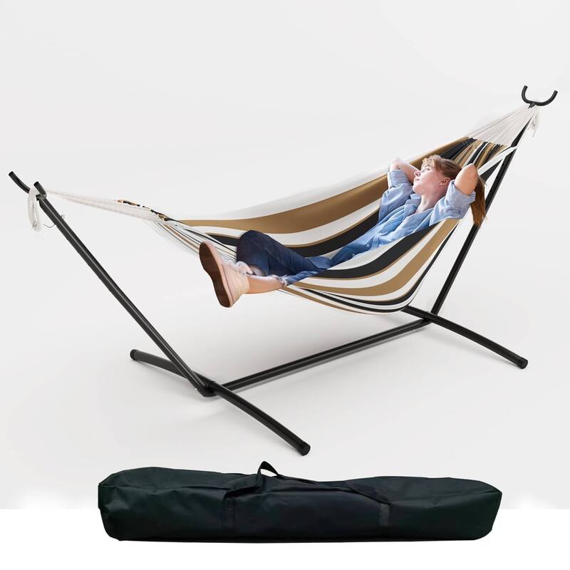 450lb Large Capacity Double Hammock with Steel Stand with Carry Bag for Patio Backyard Poolside - Brown Stripes