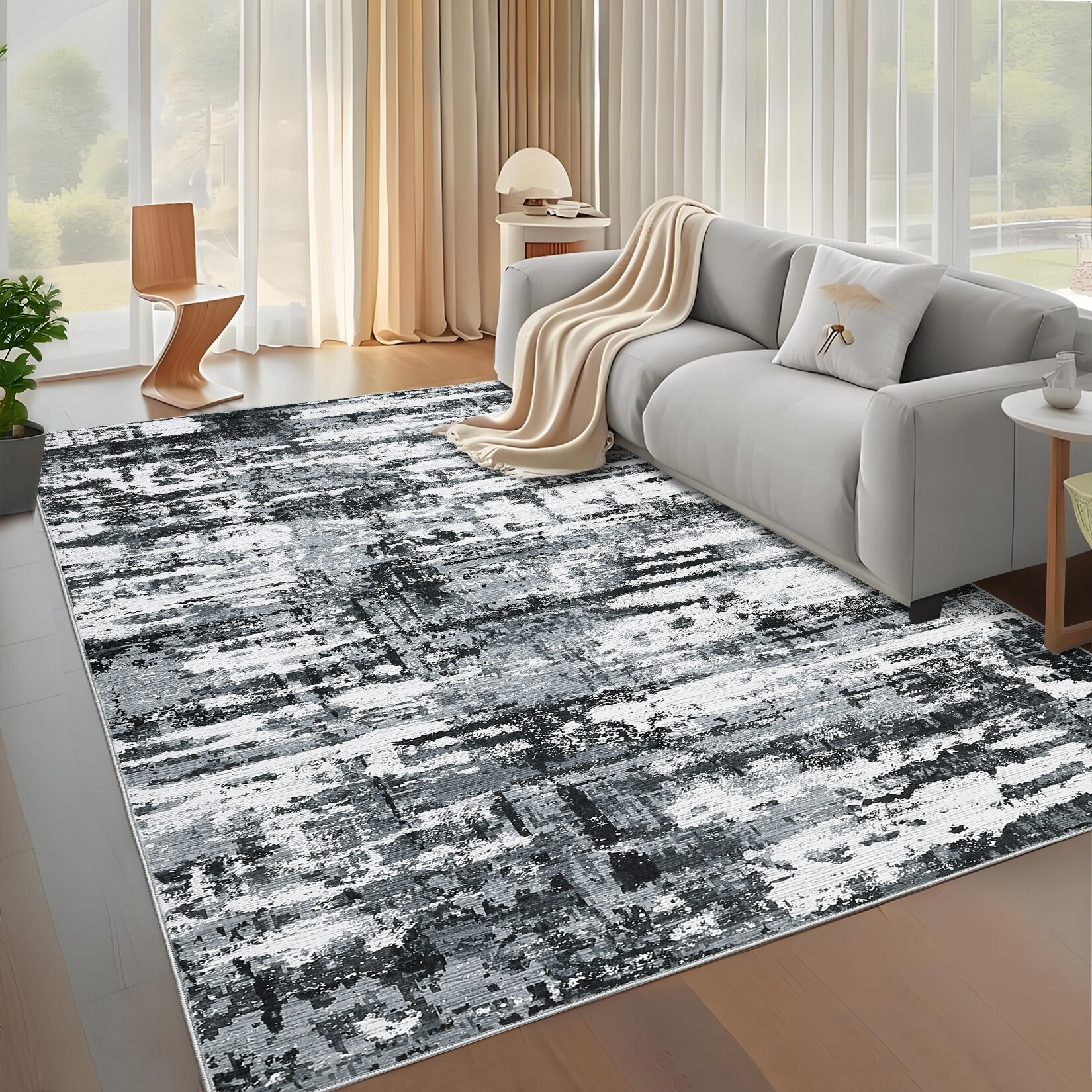Modern Abstract Area Rug Machine Washable Rugs for Living Room, Non Slip Low Pile Indoor Accent Rug