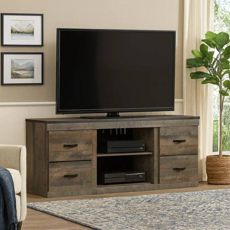 60 Inch Wood TV Media Entertainment Console, 3 Shelves, Metal Rivet, Brown