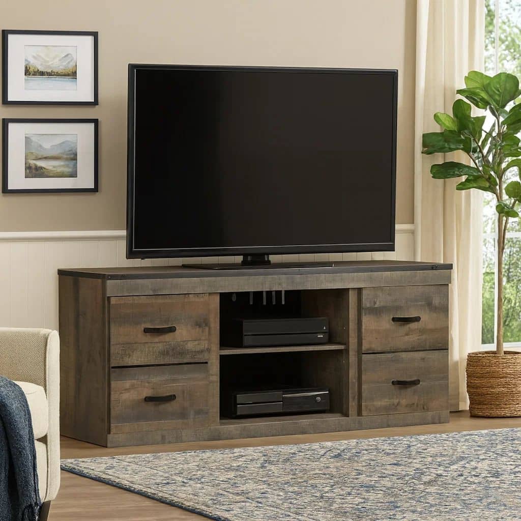 60 Inch Wood TV Media Entertainment Console, 3 Shelves, Metal Rivet, Brown