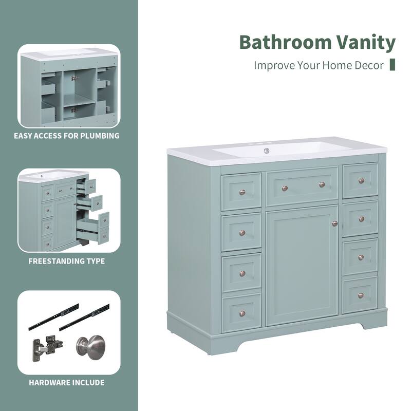 36" Bathroom Vanity Combo with Undermount Sink, 6 Drawers, 1 Cabinet, and Adjustable Shelf