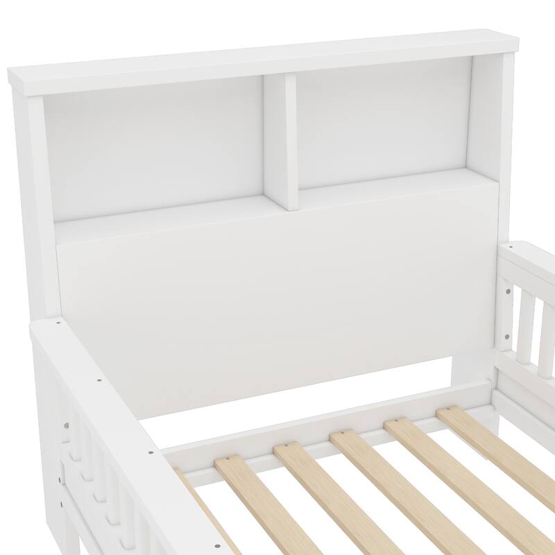 Pull Out Twin Size Platform Bed Converted into Baby Crib and Sofa with Storage Headboard and Removable Footboard