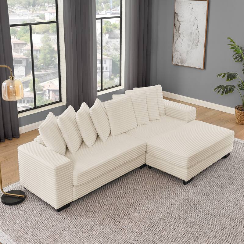 L-Shaped Convertible Sectional Sofa with Ottoman, Corduroy Tufted Upholstered Sleeper Sofa, Modular Corner 3 Seat Sofa - Beige