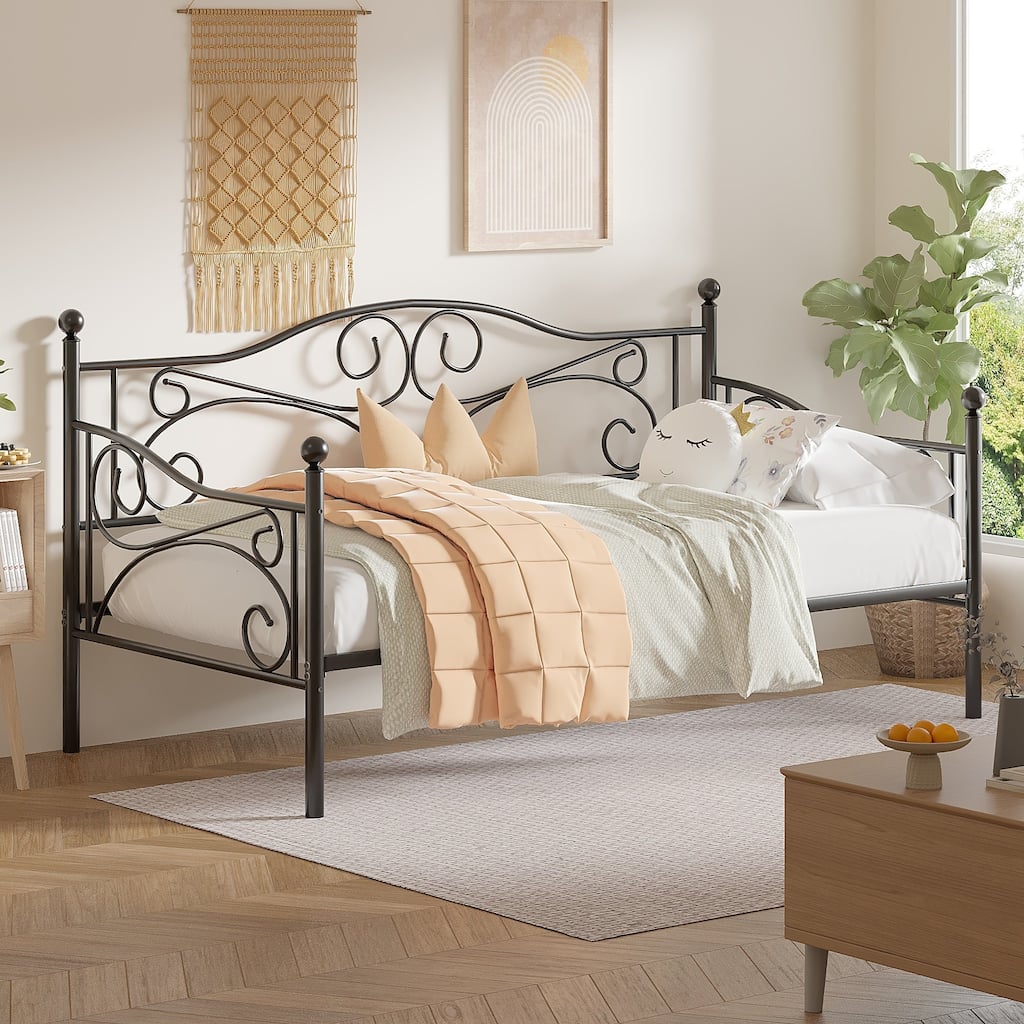 VECELO Scroll Design Metal Twin Size Daybed with Roman Column Legs 440 LBS Capacity Sofa Bed 440 lbs Capacity for Living Room