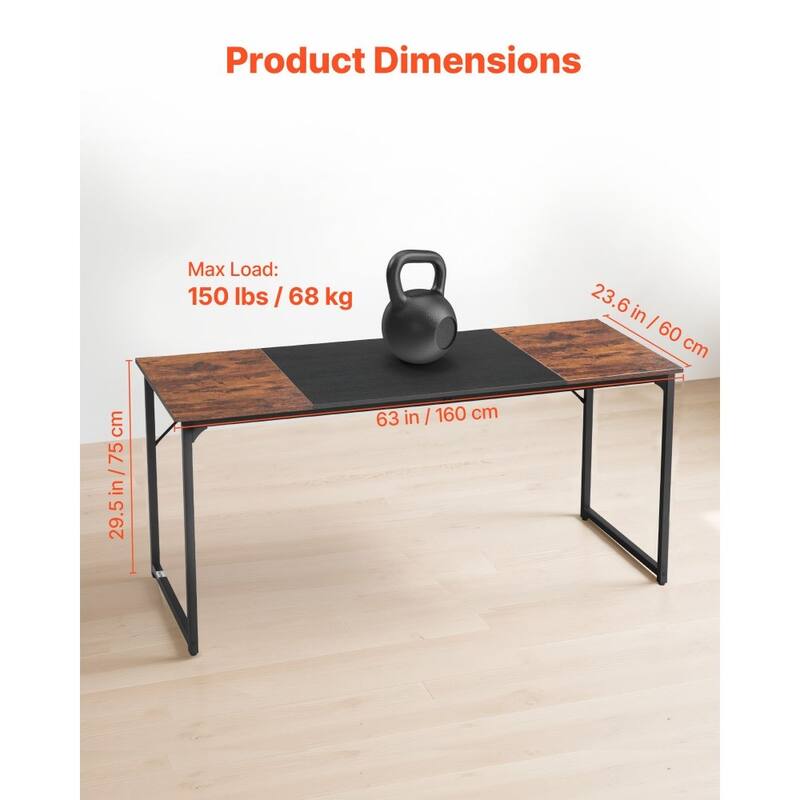 63" Modern Office Desk with Brown Top and Black Stable Steel Frame for Multi-Purpose Use