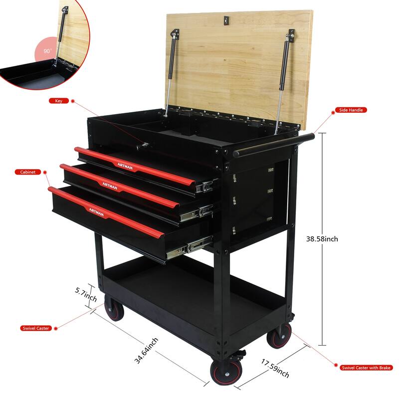 3 Drawers Multifunctional Tool Cart with Wheels and Wooden Top Multiple Uses - Home office or garage