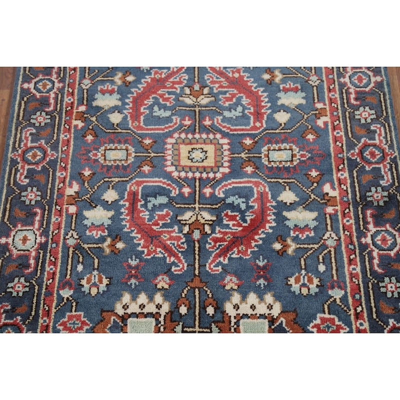 Blue Geometric Oushak Indian Area Rug Handmade Wool Carpet - 3'11"x 5'10"