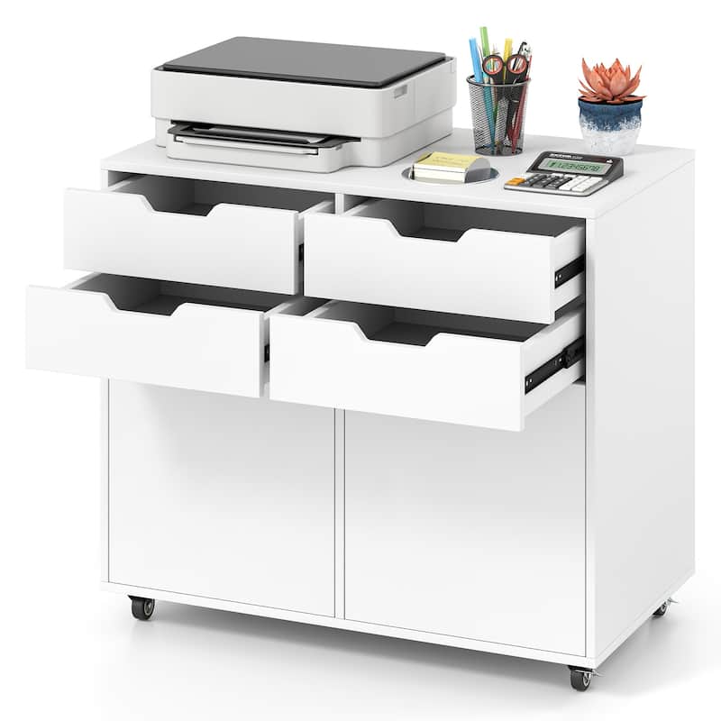 White MDF Mobile File Cabinet with 4 Drawers, Lockable Wheels and Soft-Close Doors - White