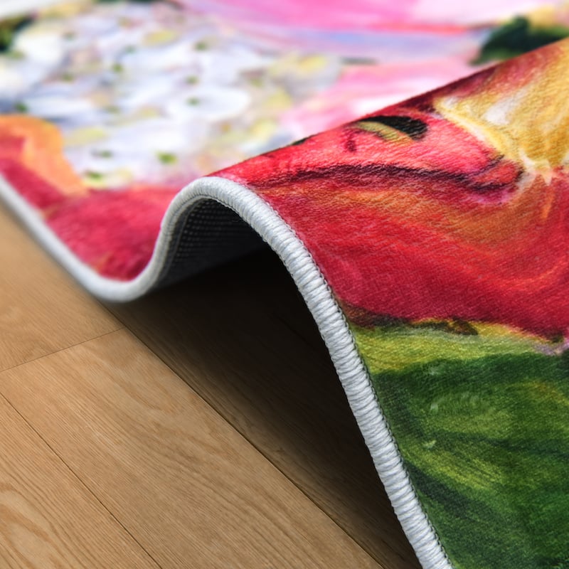 Yellow and Violet I, Hand Washable Flowers Art Area Rug, power-loomed, 100% polyester, 2mm pile, non-slipping back