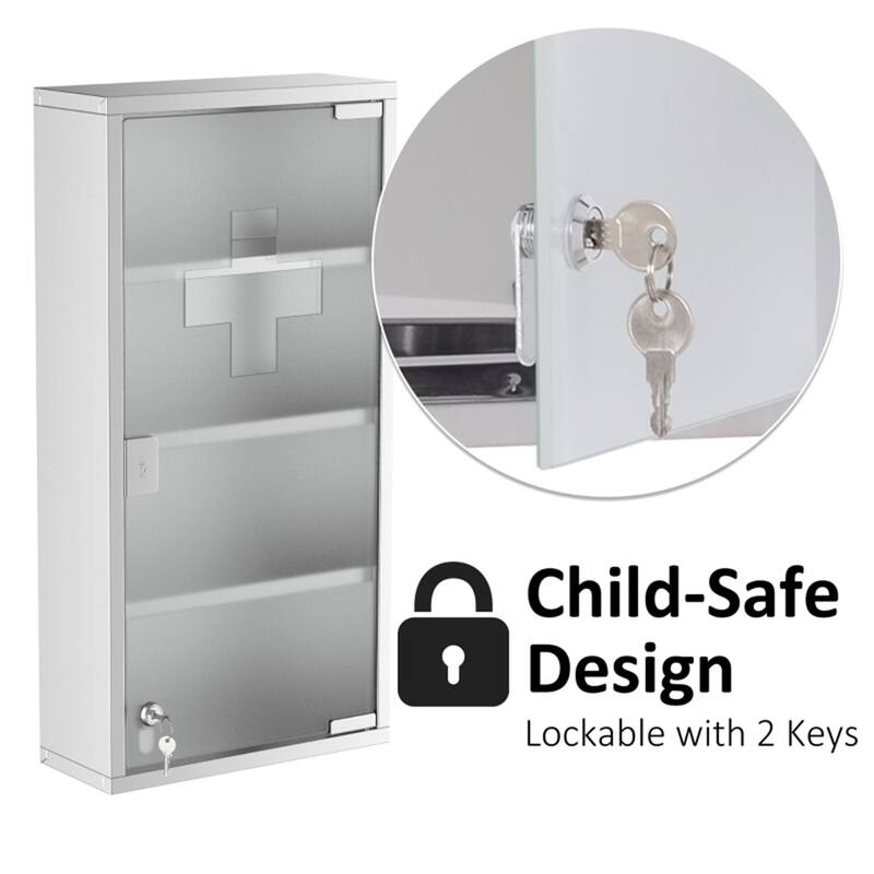 Silver Stainless Steel Medicine Cabinet with Tempered Glass Door and Lock - 11.75" W x 4.75" D x 23.5" H