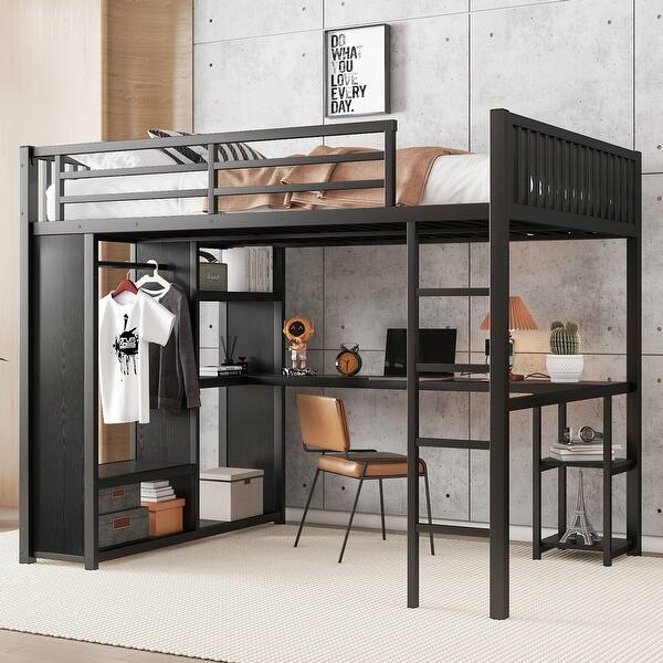 slide 2 of 23, Full Size Metal Gaming Loft Bed with LED,Desk and 3 Storage Drawers Black