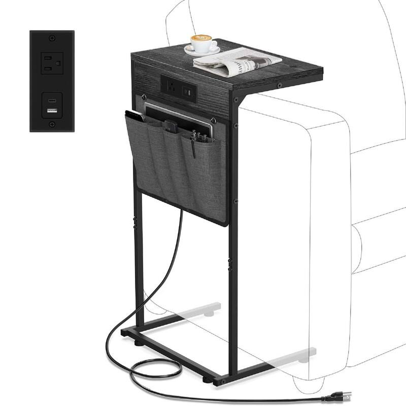 C Shaped End Table with Charging Station - 16"D x 10"W x 28"H - Deep Gray