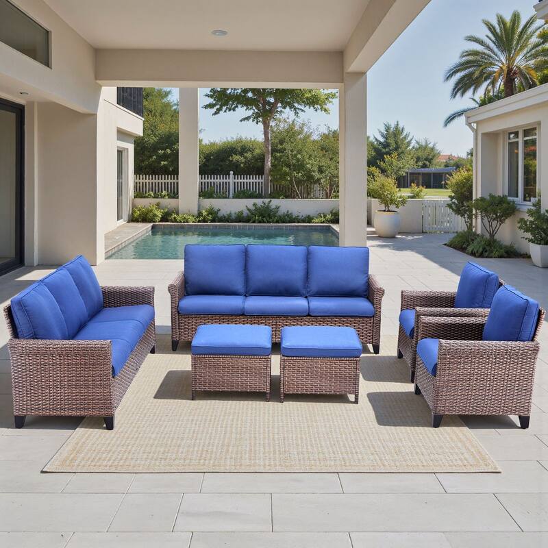 Pocassy Outdoor Sofa Swivel Chairs Patio Chair Funiture Set - 6PCS Sofa Patio Chair w/ Ottoman - Brown Wicker Beige Cushion