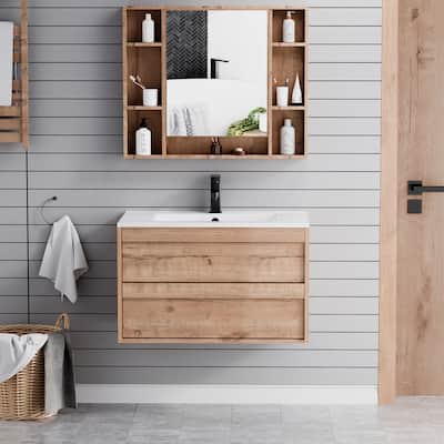 Wall Mounted Bathroom Vanity Sink Combo Cabinet Vanity Set Invisible Handles