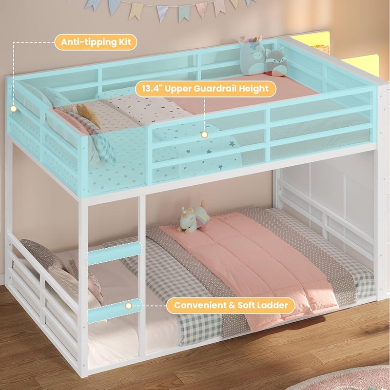 Twin Size Low Loft Bed 6 Fabric Storage Drawers LED Lights Twin Over Twin Bunk Bed