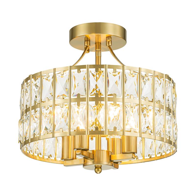 4-Light 13-inch Mid-Century Modern Crystal Drum Ceiling Light Lantern Crystal Semi-Flush Mount Light