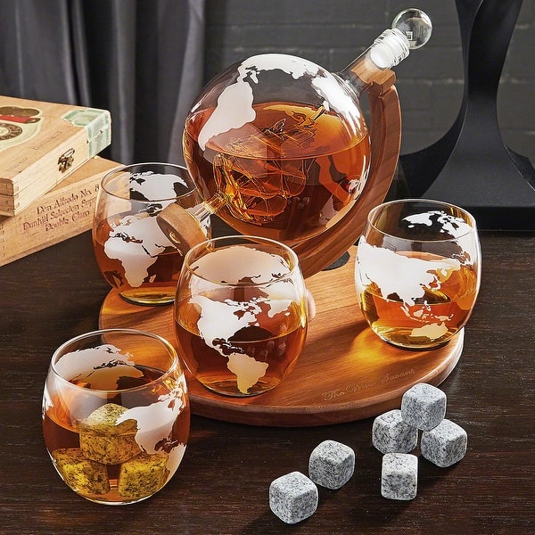 Globe Decanter Set with 4 Whiskey Glasses and Stones
