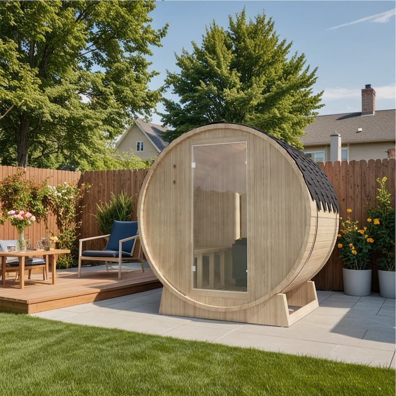 4-Person Round Cedar Sauna – Outdoor Wooden Barrel Sauna Room For Garden, Patio, Or Poolside, Temperature Control - Brown