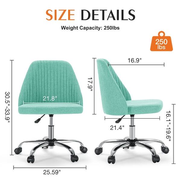 dimension image slide 2 of 6, Armless Fabric Home Office Desk Chairs, Adjustable Height Swivel Task Vanity Chair, Task Chairs with Swivel Wheels - N/A