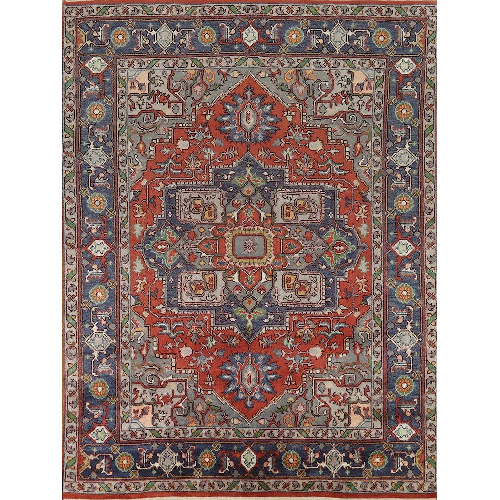Geometric Heriz Serapi Indian Area Rug Hand-Knotted Orange Wool Carpet - 7'10" x 9'8"