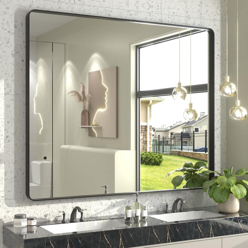 Aluminum Alloy Framed French Cleat Mounted Tempered Glass Wall Vanity Mirror - 48" x 40" - Black