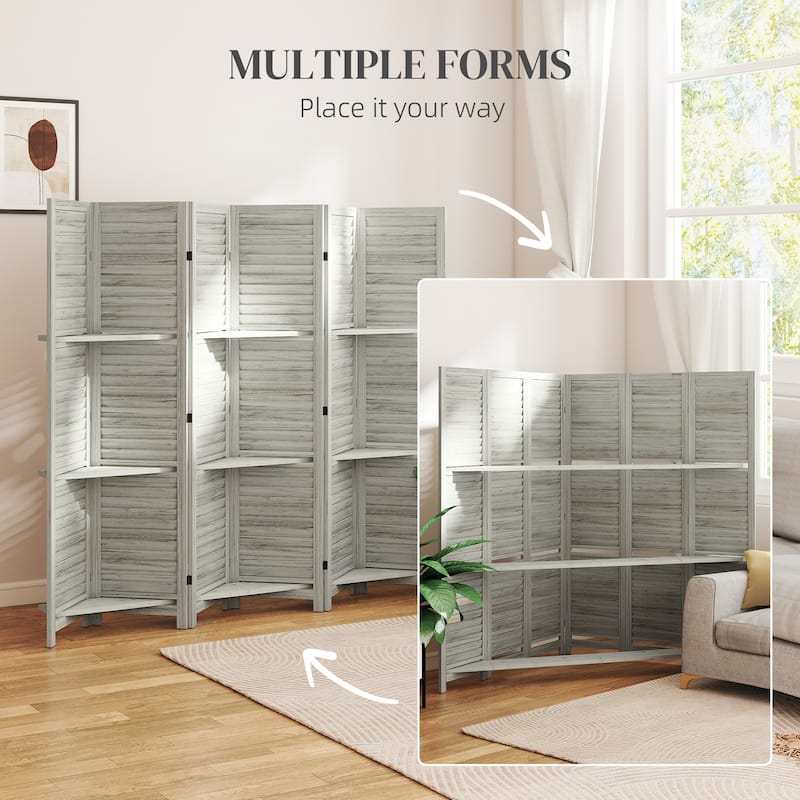 HOMCOM Room Divider, 6 Panel 67" Tall Wood Privacy Screen with 3 Display Shelves, and Folding Storage for Bedroom, Gray