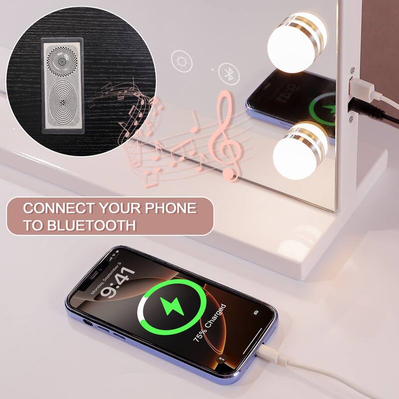 Large Hollywood Mirror with Bluetooth Speaker & Touch Screen